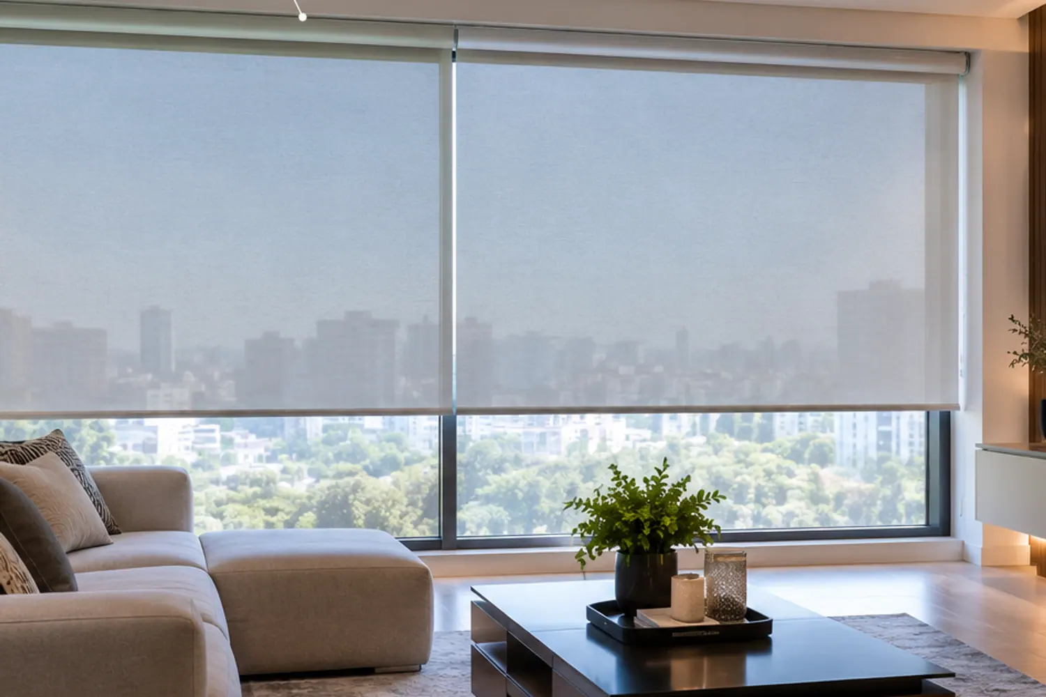 Sala con rollers motorizados y un parlante inteligente sobre la mesa