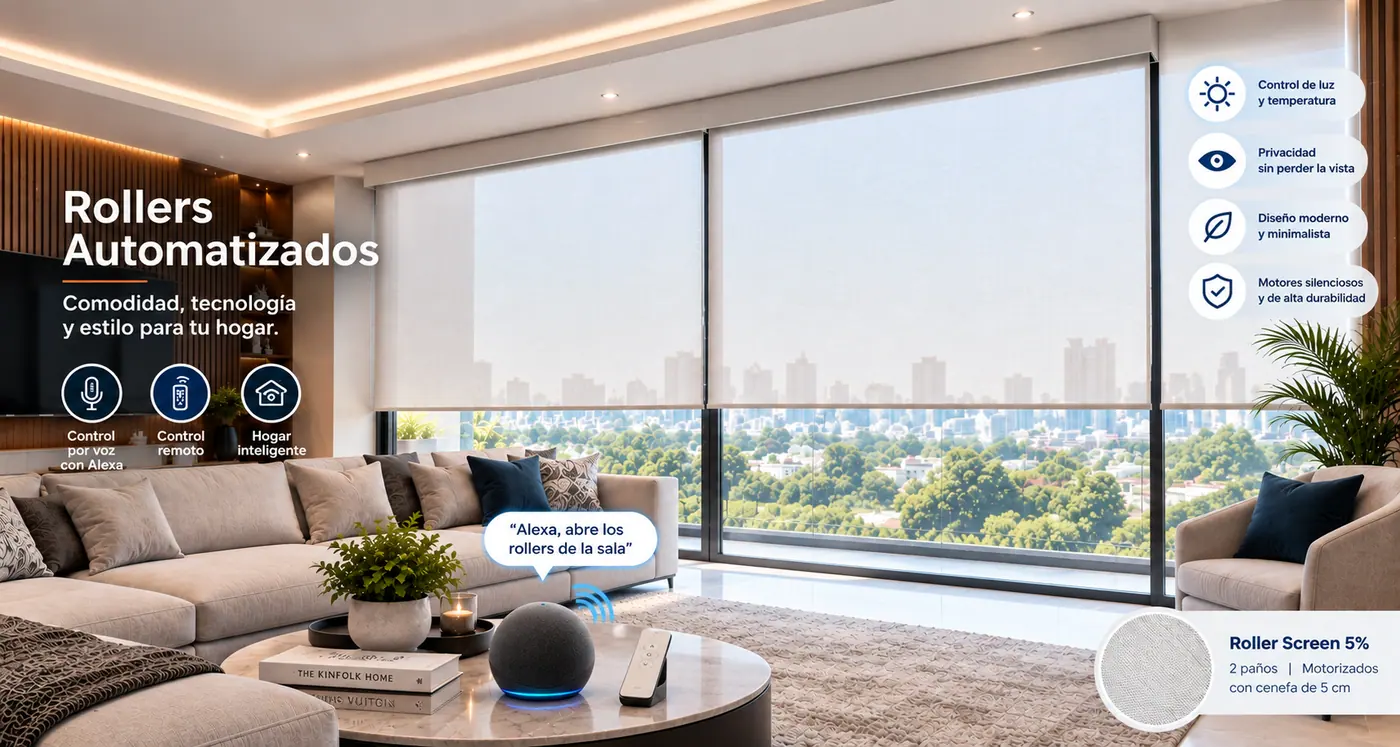 Sala con rollers screen automatizados, control por voz con Alexa y la aplicación en el celular