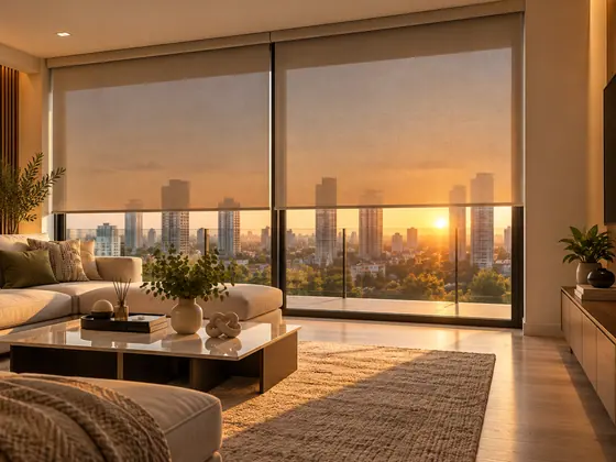 Sala con luz cálida de tarde y la cortina parcialmente cerrada