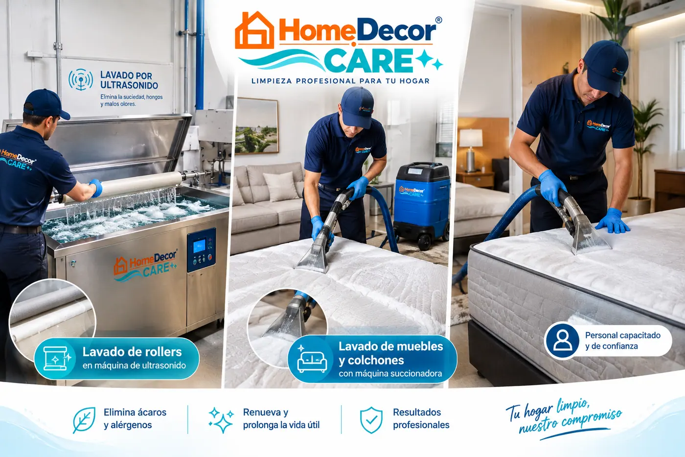 Equipo de HomeDecor Care lavando rollers por ultrasonido y muebles con máquina succionadora