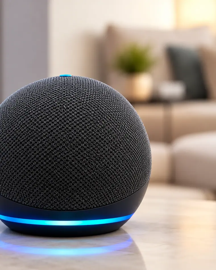 Parlante inteligente Alexa sobre una mesa de sala