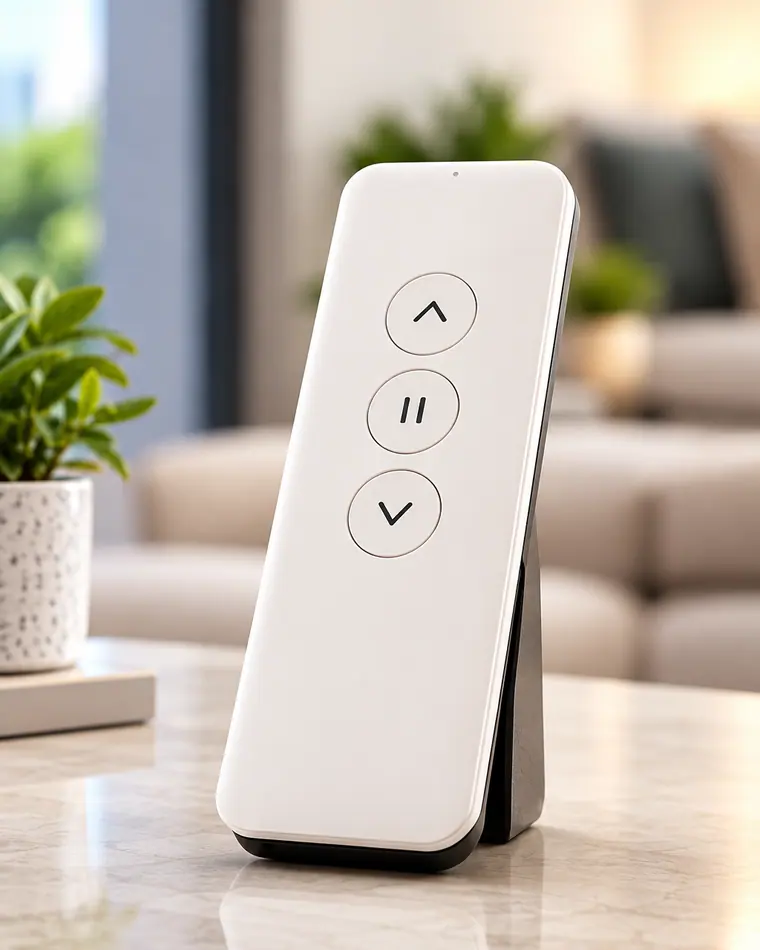 Control remoto blanco de tres botones para subir, detener y bajar la cortina