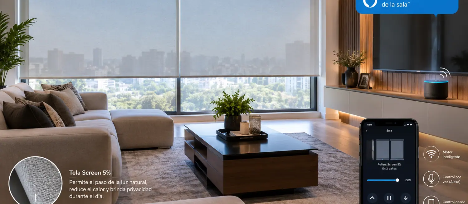 Ambiente con cortinas roller claras y luz natural