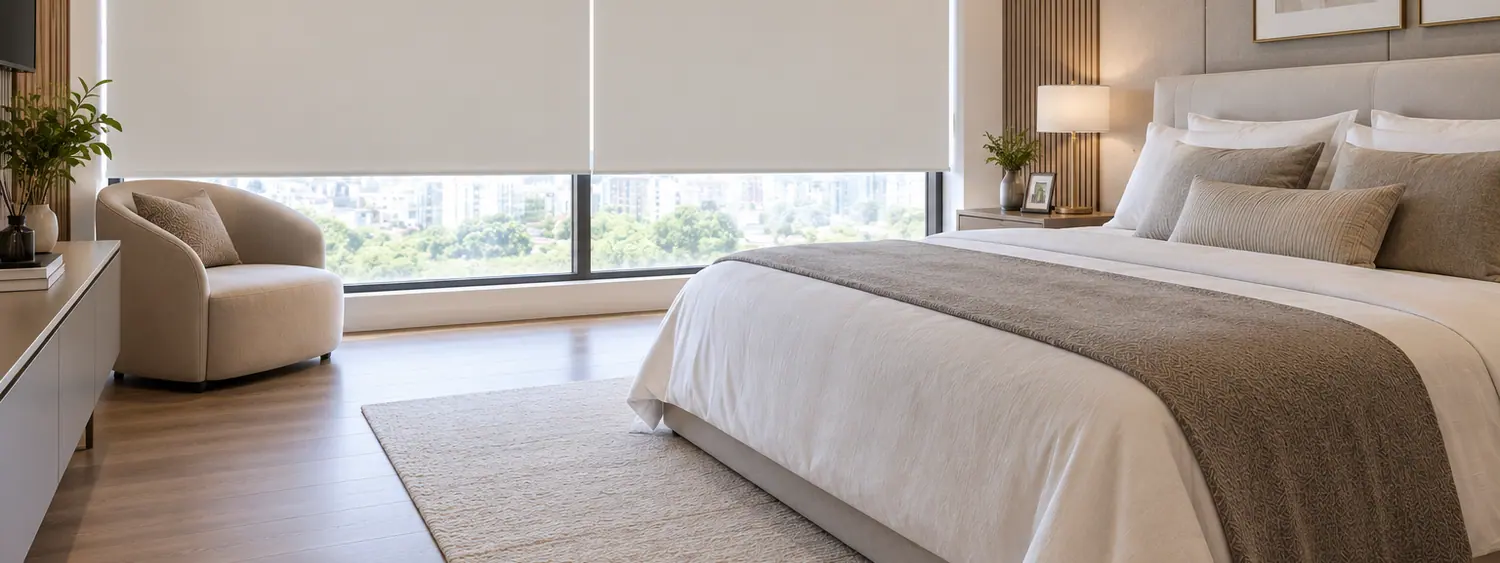Dormitorio en penumbra con la luz del sol filtrándose por el borde de la ventana