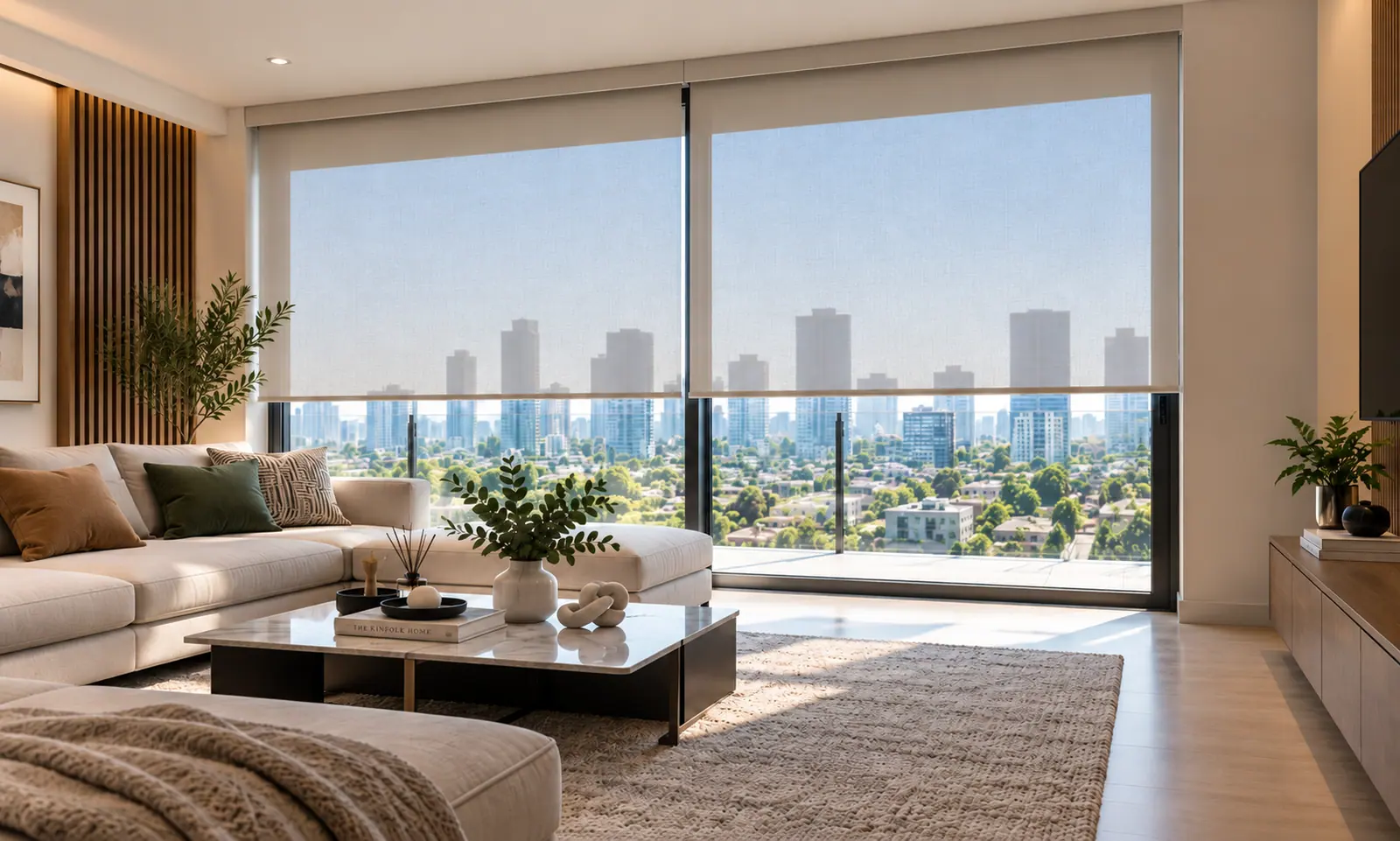 Sala con dos rollers screen en un ventanal de piso a techo y vista a la ciudad