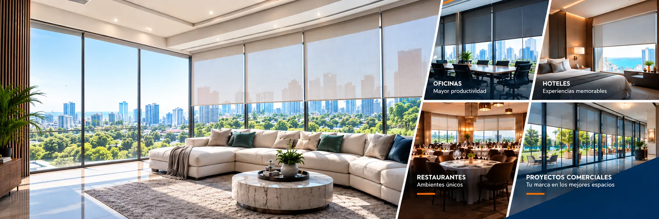 Collage de proyectos de HomeDecor: sala residencial, oficinas, hoteles, restaurantes y proyectos comerciales