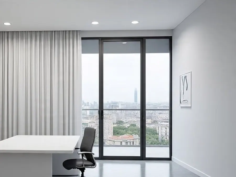 Oficina con cortinas de tela de piso a techo