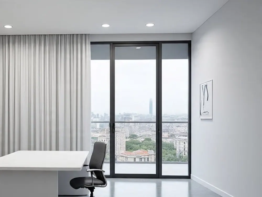 Oficina con cortinas y escritorio junto a la ventana